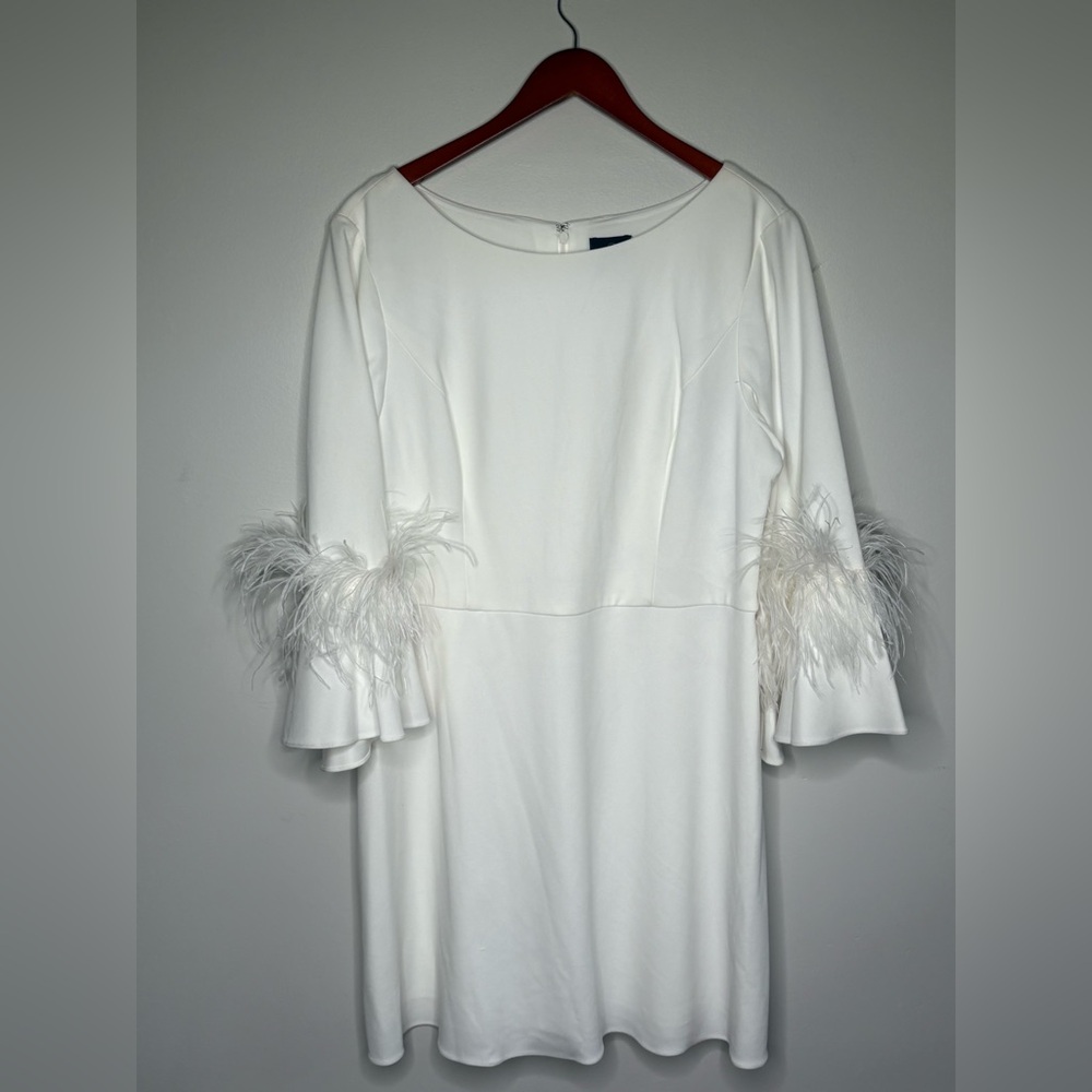 Adrianna Papell White Ostrich Feather Dress